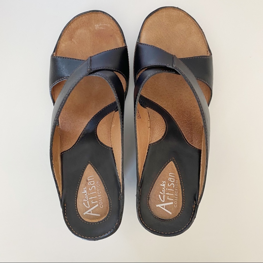 Clarks Jill Wedge Leather Black Sandals 8